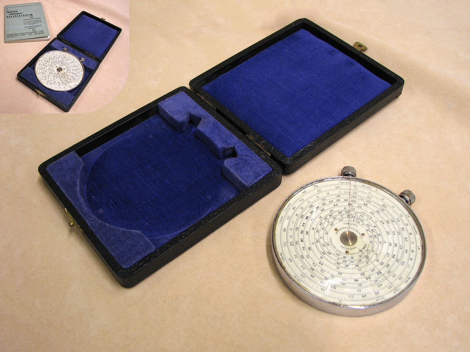 1940s Fowler's Universal calculator in presentation case with original booklet
